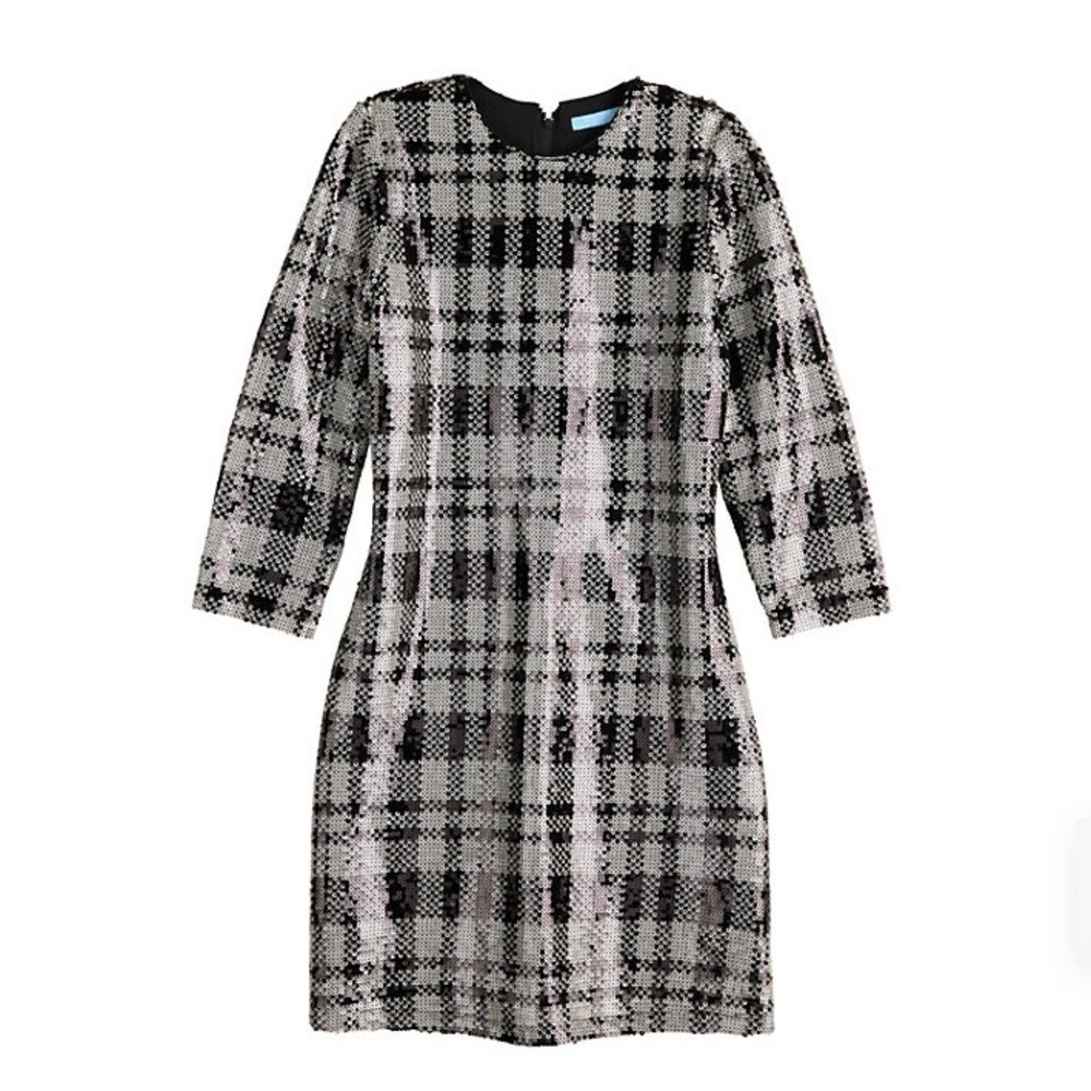 Draper‎ James New Size 10 Sequin Sheath Party Dress Black White Plaid Preppy